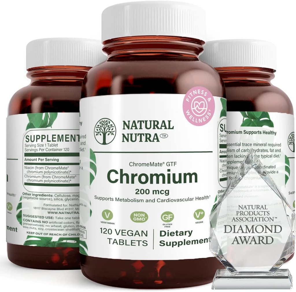 Natural Nutra GTF Chromium Polynikotinát s ChromeMate, podporuje metabolismus těla, Podpora srdce zdraví, Udržovat tělesnou úroveň tuku, Zlepšit potravu, kardiovaskulární zdraví, 200 mcg, 120 Vegan tablety