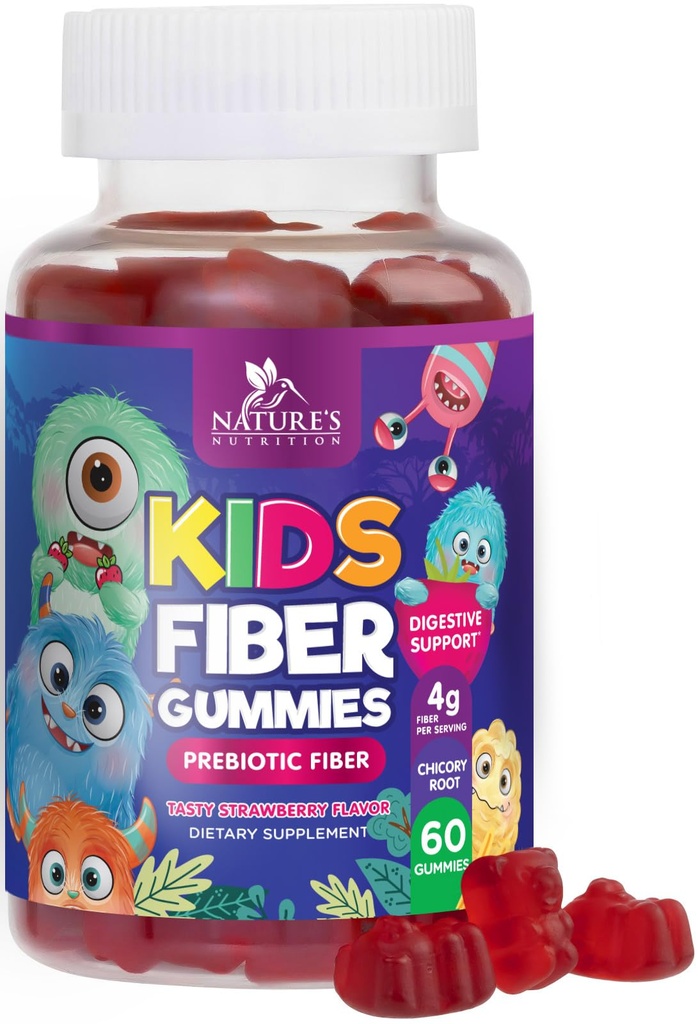 Fiber Gummies for Kids, Daily 4g Gummy Fiber Supplement, Prebiotická stravitelná podpora zdraví - Příroda rostlin na bázi rozpustného vlákna, podporuje Regularitu a stravení pro děti Non- GMO - 60 Gummies
