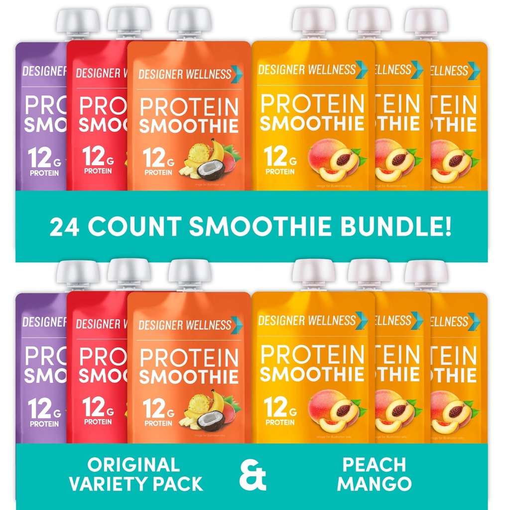 Designer Wellness Protein Smoothies Origignal Variety Pack a Peach Mango Bundle