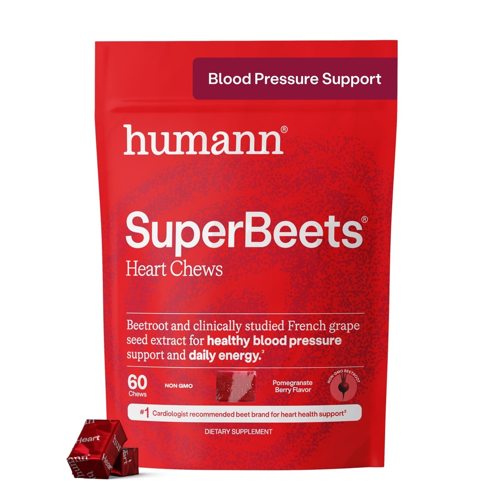 Humann SuperBeets Heart Chews, Beet Root Powder Support Energy Supplement, Oxid dusičný a krevní tlak podpora, Grape Seed Extract & Non- GMO, Heart Health, Pomegranate Berry Flavor, 60 Počet