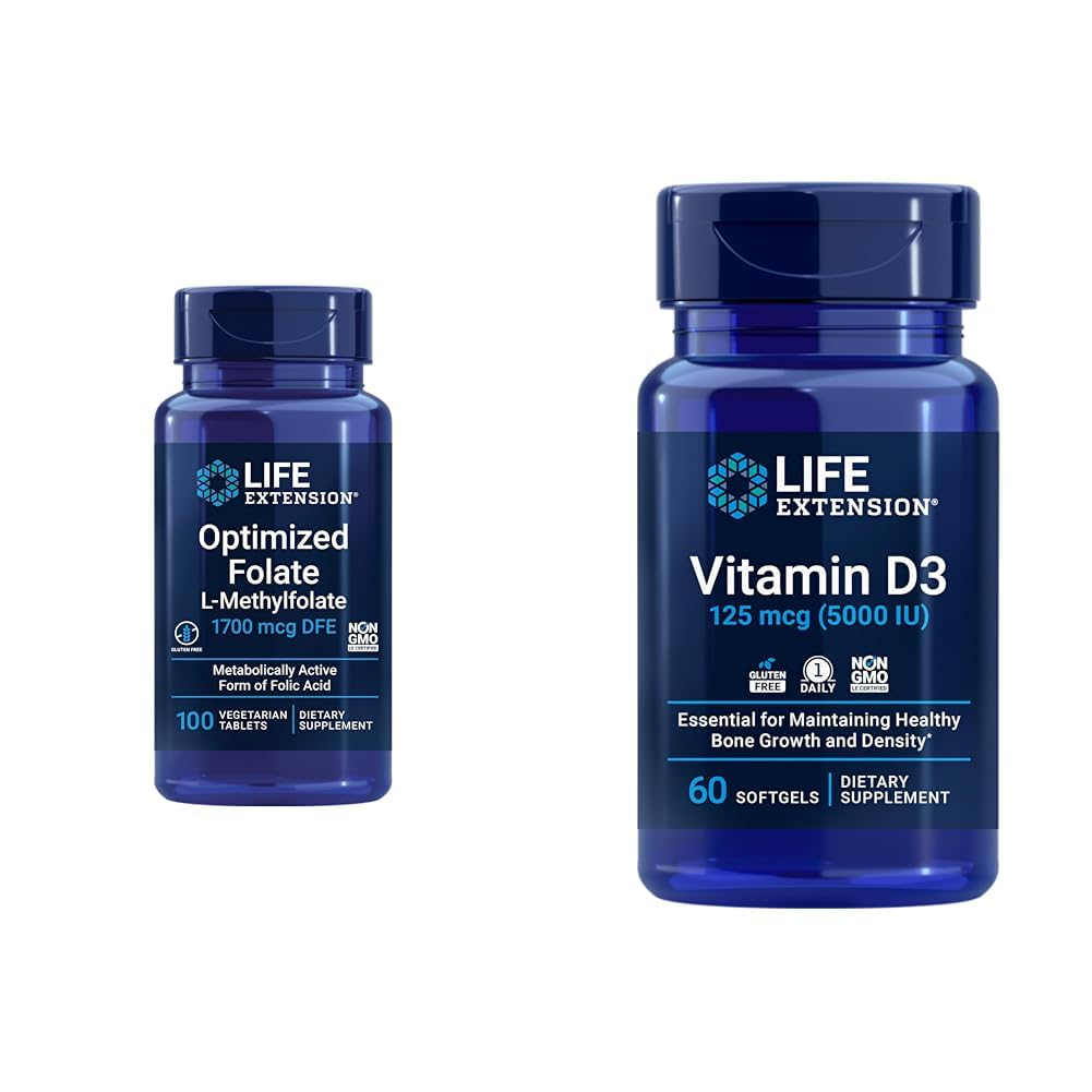 Life Extension Optimalizované folátové tablety na podporu srdce a mozku a vitamín D3 Kostní, Mozková a imunitní zdravotnická tanga - 100 Tablet, 60 Softgels