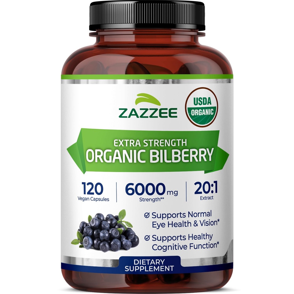 Zazzee USDA Organic Bilberry 20: 1 Extract, 6000 mg Síla, 120 Vegan Kapsle, 4 Měsíční dodávky, Standardizované a Koncentrované 20X Extract, 100% Vegetariánské, All-Natural, Non-GMO, Made in USA