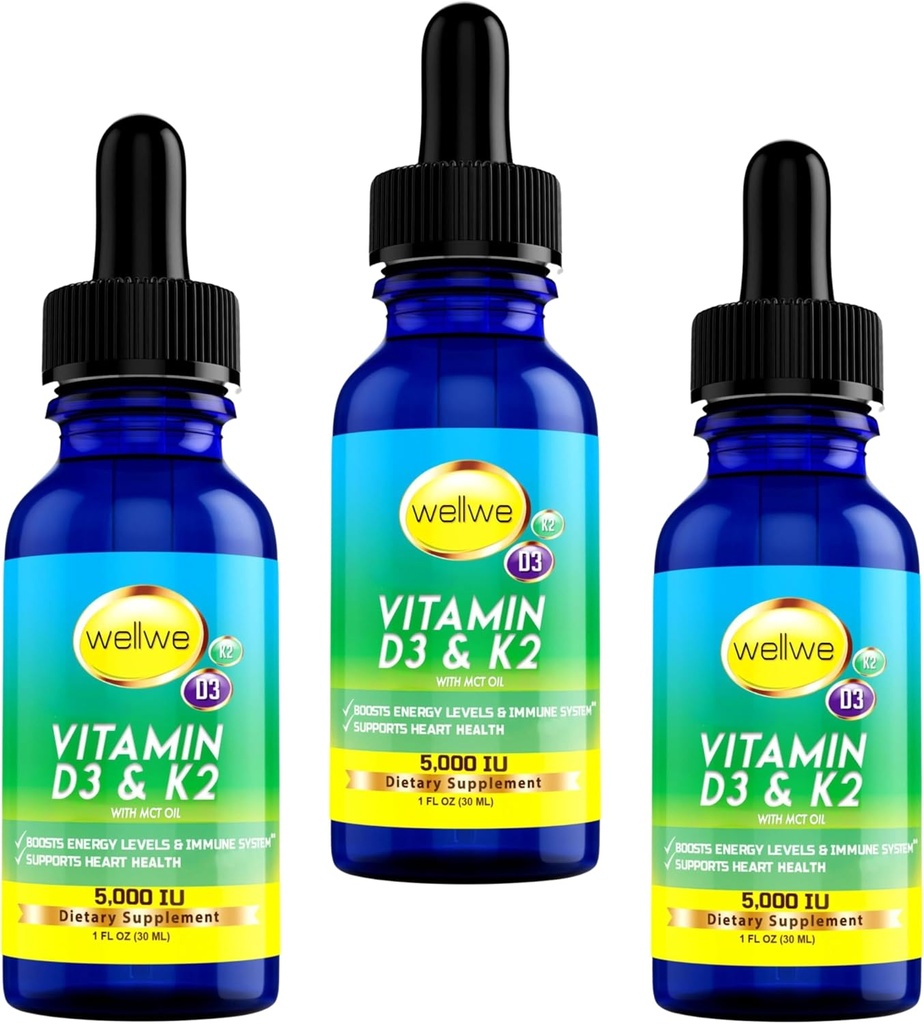 Kapalný vitamín D3 K2 Kapky s MCT Oil 5000 IU - Vegan, bez chuti, bez zápachu, bez soli, bez gluten, Non- GMO, 1000 IU na kapku, zvyšuje energii a imunitní systém (3 balení)
