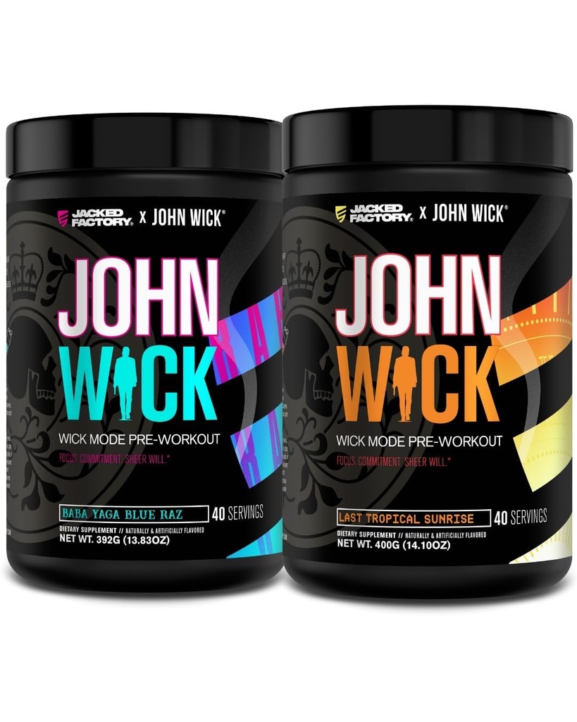 Jacked Factory X John Wick - Wick Mode Pre Workout Powder - Intense Energy, Battle-Ready Focus, nezastavitelný závazek a Sheer Will - Baba Yaga Blue Raz & Last Tropical Sunrise