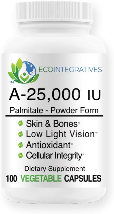 A-25000 iu Palmitate Vegan, Prášek Forma (100 Kapsle) Non- GMO, Podporuje nízké světlo vize, imunitní podpora, Cellulární integrita kůže & kostí, Antioxidant
