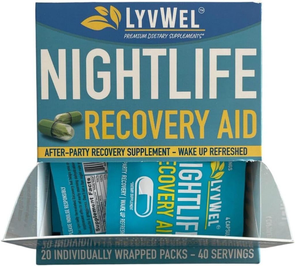 LyvWel Nightlife Recovery Carton 124; Rapid Morning Omlazení, Podpora jater 124; DHM, Electrolytes, B Vitamíny - 20 Balení, 40 Služeb