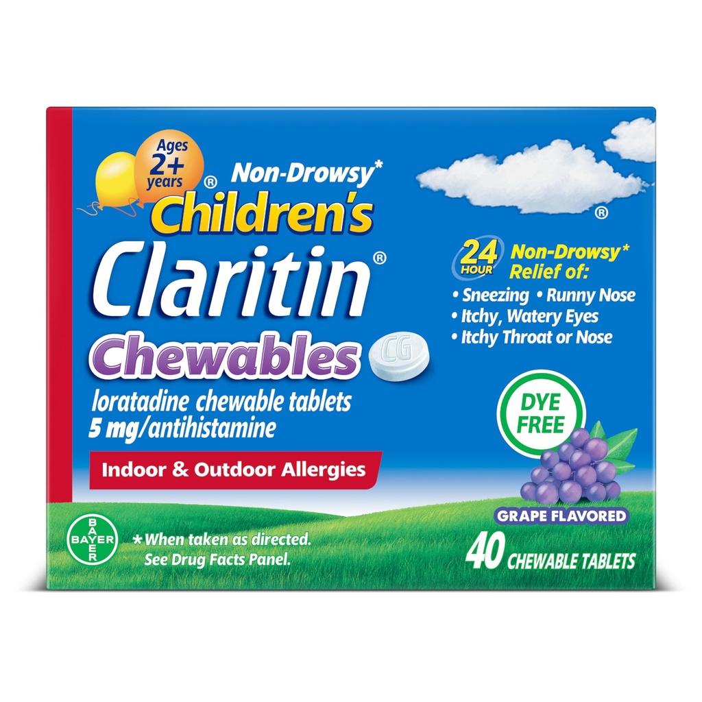 Claritin Dětské alergie Medicína, 24- Hodina Non- Drowsy Lorglitazon 5mg Žvýkací tablety, Antihistamin pro děti věku 2 roky a starší, Grape ochucené, 40 tablet