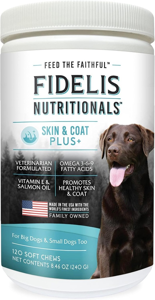 FIDELIS Skin & Coat Plus + Dog Skin & Coat dodatek, Omega 3, Vitamin E, Lososový olej pro psy, mastné kyseliny, zdravá pleť, lesklá coat, dospělý, velký & malý, vyrobený v USA, Zeleninové aroma, 120 měkkých žvýkaček