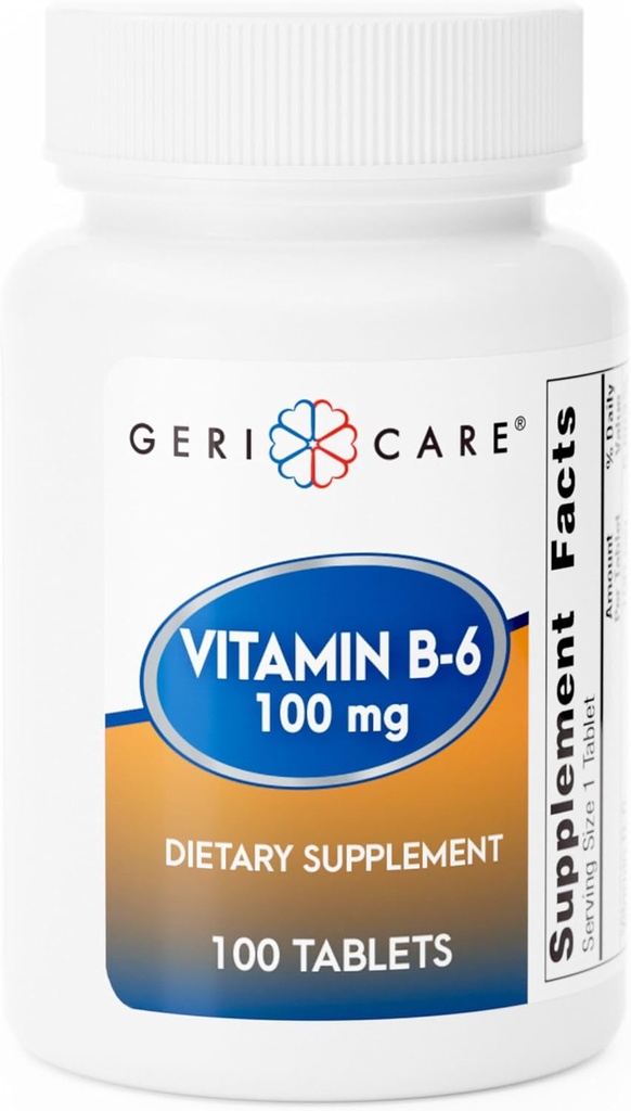 GeriCare Vitamin B- 6 100 mg, 100 tablet - Denní nutriční podpora pro zdravé funkce mozku, Vylepšení nálady, oběhové zdraví a metabolismus - Pomáhá bojovat únavu a podporovat celkové wellness