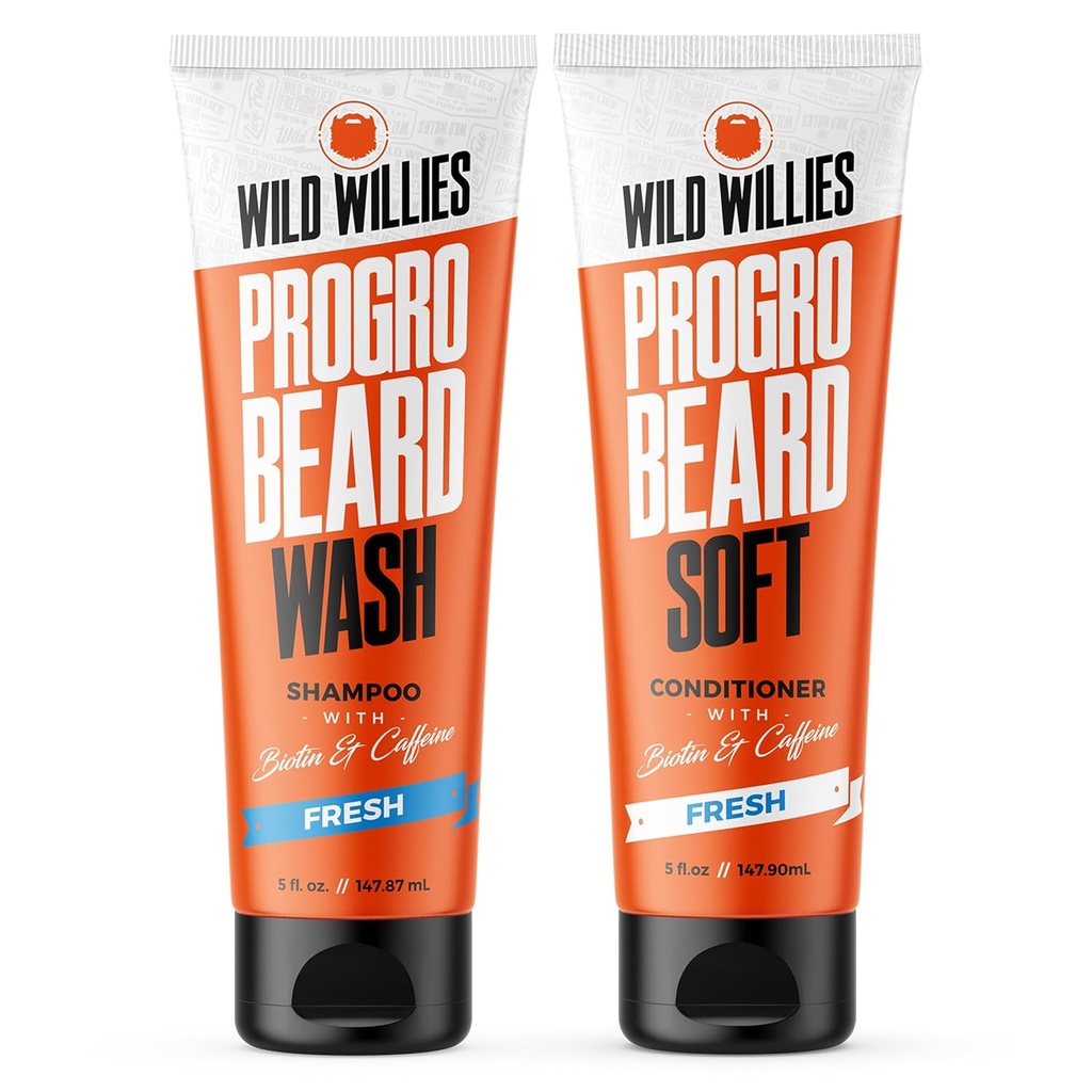 Wild Willies PROGRO Beard Shampool a Conditioner Kit - Pečený w / kofein & Biotin - Posílení, Flake- Free, Moisturizing Beard Wash a Conditioner pro muže, 2 x 5oz Tubes