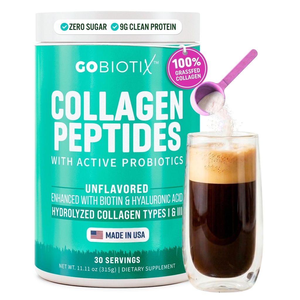GOBIOTIX Kolagen Powder Supplement with Probiotics - Hydrolyzovaný protein Kolagen Prášek pro ženy - Vlasová kůže a nehty, Společné a stravitelné zdraví - Kolagen Peptides Typ I a III - 30 Služební cesty