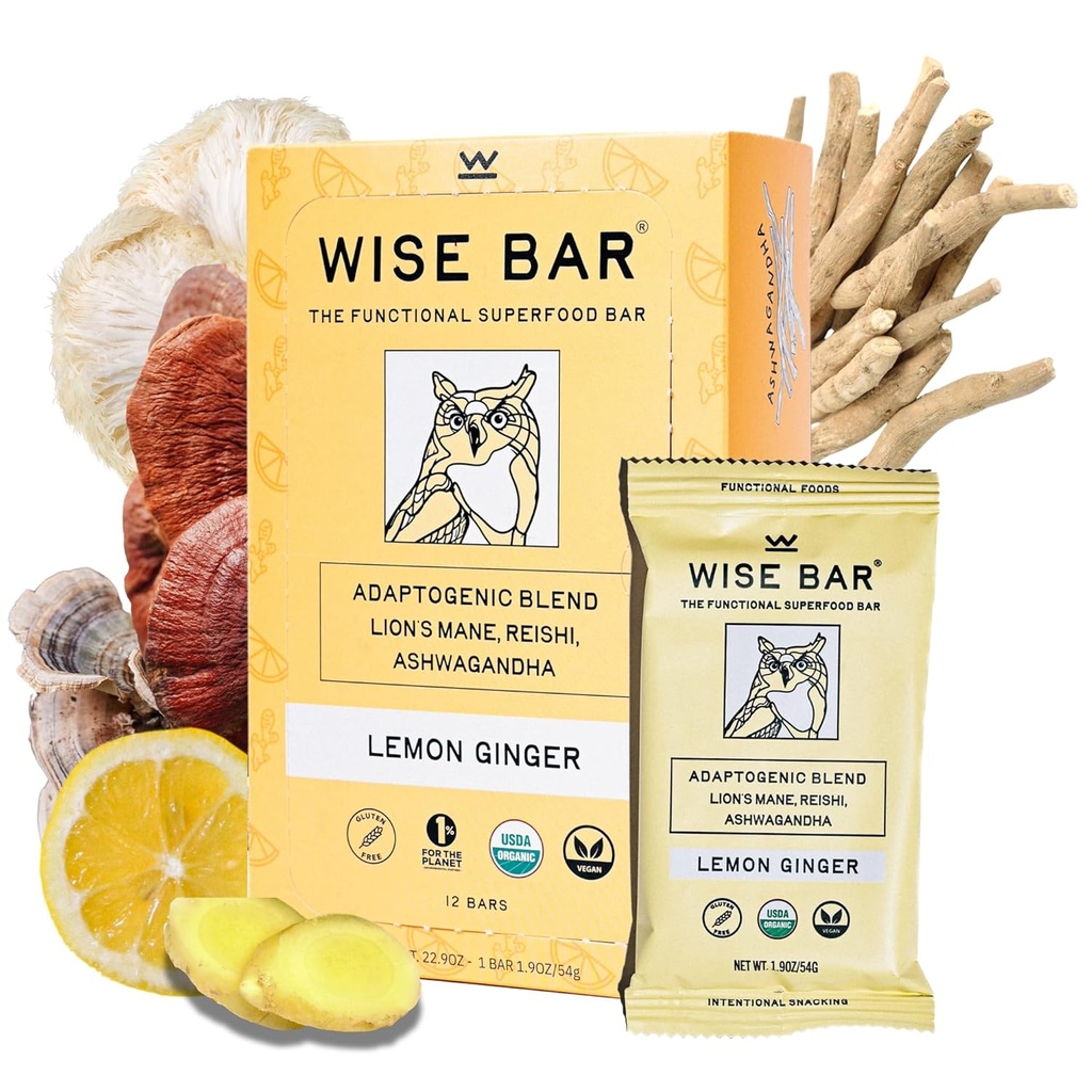 Wise Bar Adaptogen Houbová výživa Bary s Reishi, Lions Mane & Ashwagandha, Organic Vegan & Gluten zdarma Snacks pro přírodní soustředění, Energie & Imunity Podpora, Lemon Ginger Flavor, 12 Počet
