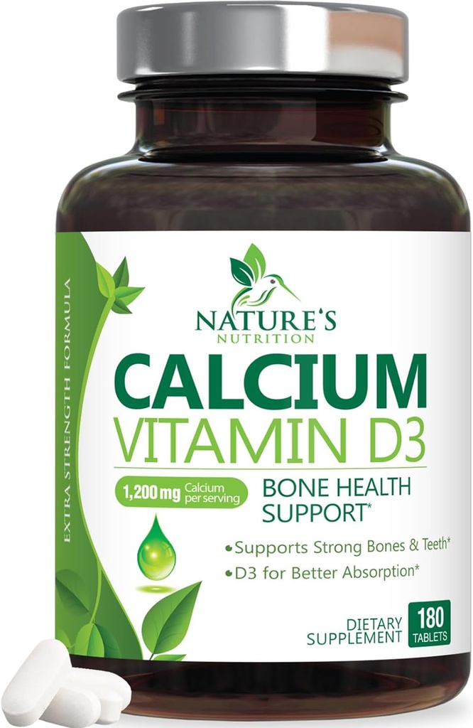 Doplněk k vápníku 1200 mg - s vitaminem D3 pro nejlepší absorpci - podporuje imunitní zdraví, kosti a zuby - přírodní uhličitan vápenatý + 1600 IU D3 - Lahvička v USA pro ženy a muže - 180 tablet