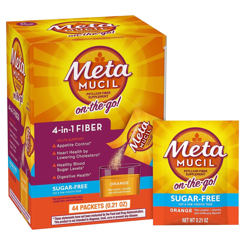 Metamucil On- the- - Packets, Sugar- Free, 44 Packets, 4-in-1 Psylium Husk Fiber dodatek, Oranžová ochucená, Individuální služby Great for Travel, Fiber dodatek pro stravovací zdraví a regulace