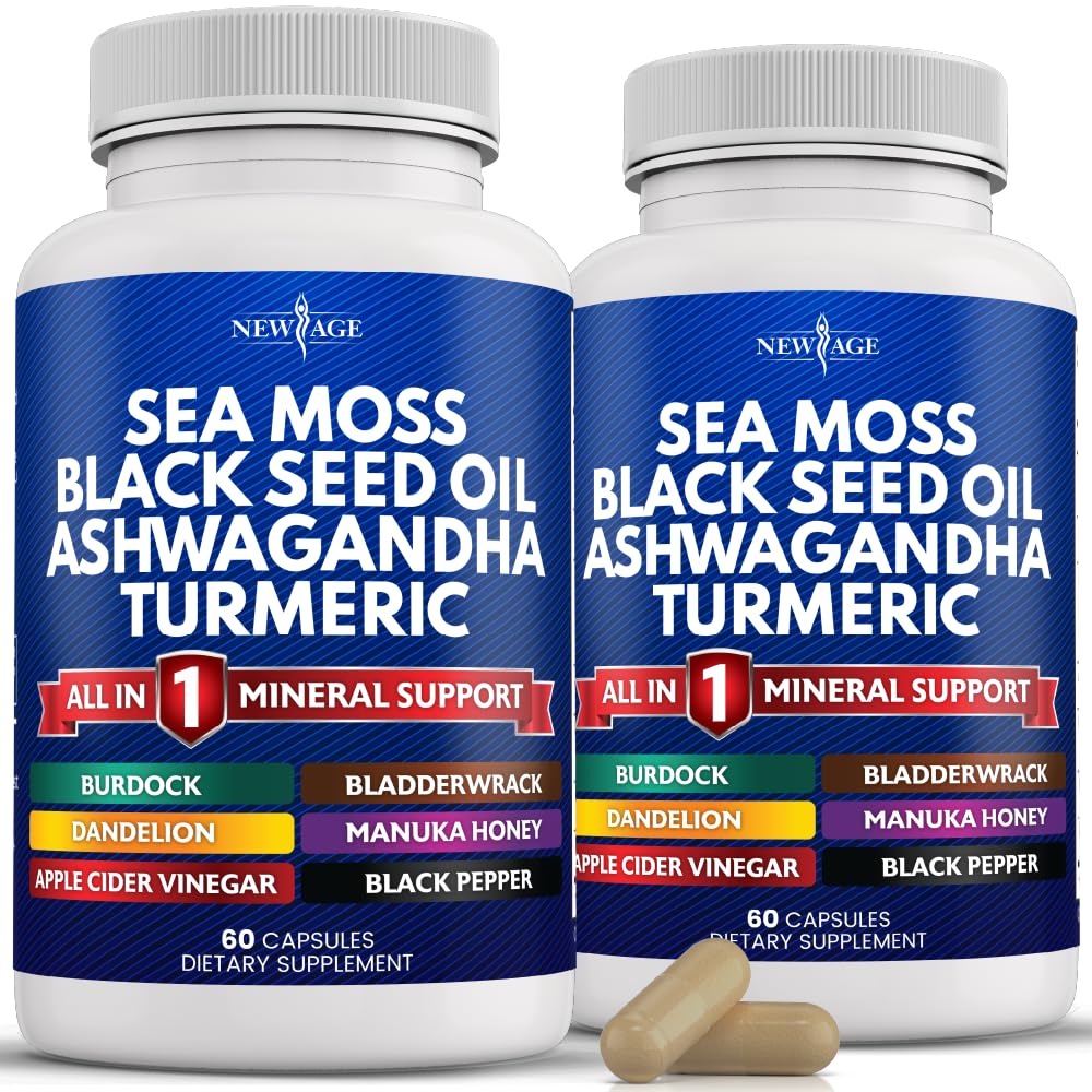 Nový věk Moss Kapsle Black Seed Oil Ashwagandha Turmeric Bladderwrack Burdock - s Manuka, Honey Dandelion, ACV Black Pepper gluten zdarma