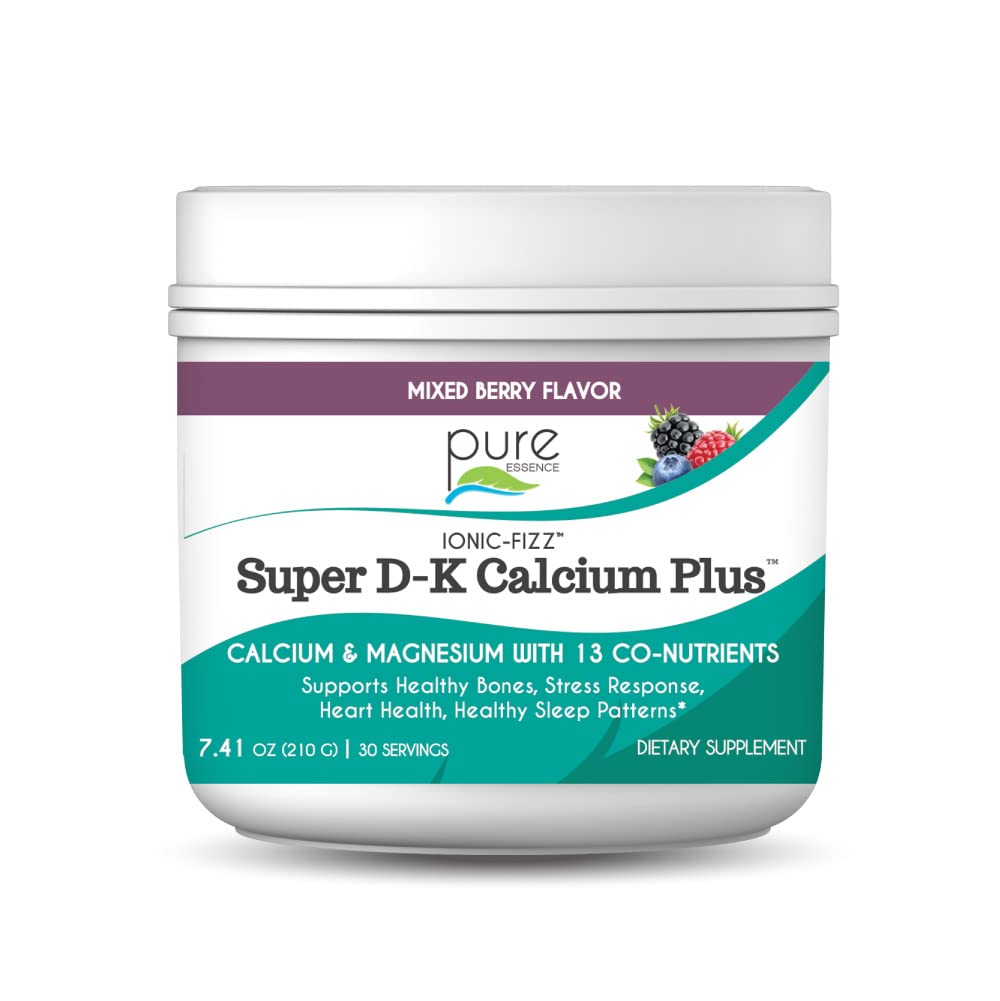 Ionic Fizz Super D-K vápník Plus podle čisté esence - s extra hořčík, vitamin D3, vitamin K2 pro silné kosti a stres - Smíšené Berry - 7.41oz