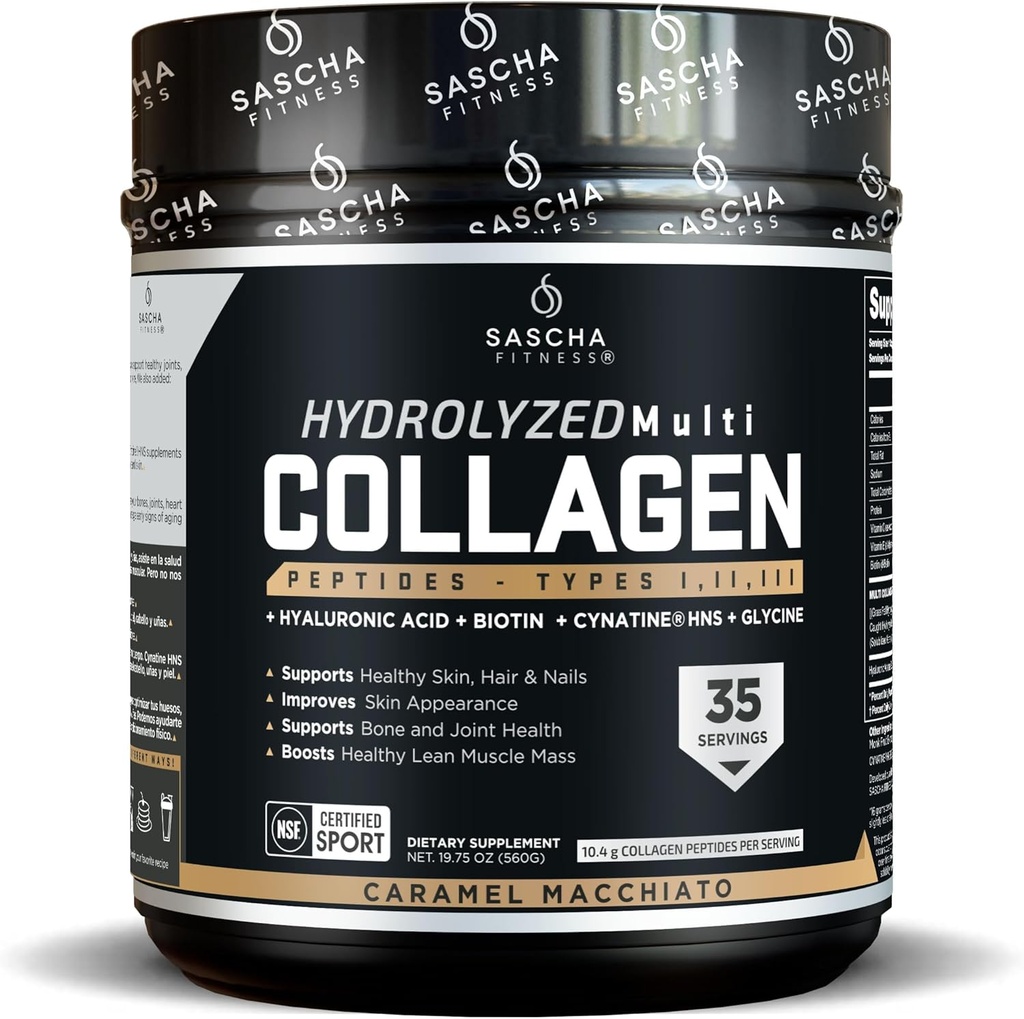 SASCHA FITNESS Hydrolyzované Multi kolagen Peptidy Tipes 1,2 & 3 CZ124; Hyaluronová kyselina CZ124; Biotin CZ124; Cynatin HSN CZ124; Vitamin C & E CZ124; pro Hairs, Kožní a Kostní podpora CZ124; Karamel Macchiato