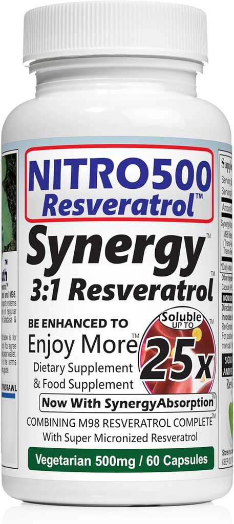 Nitro Synergy Resveratrol (Nitro500) s až 25x rozpustností - 60 Vegetariánských kapslí - 30 Servingů - 500 mg na jedno podání
