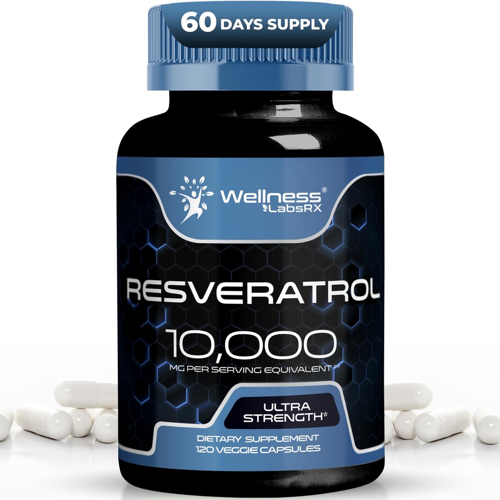 WELLNESS LABSRX Resveratrol 120 Kapsle, Resveratrol dodatek, Resveratrol 1000mg Polygonum Root, Trans Resveratrol pro zdravé stárnutí, srdce, Brain Health Support - Vegan, Keto