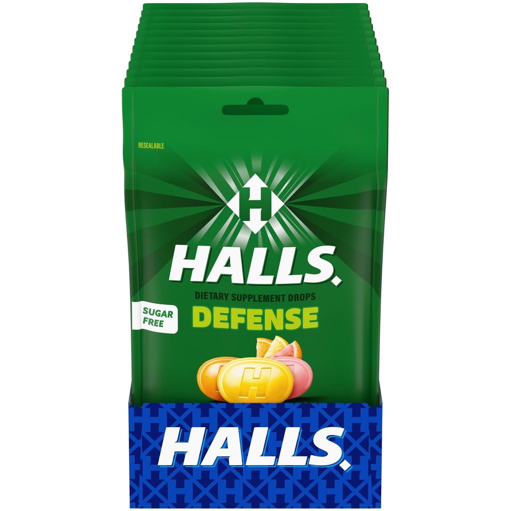 HALLS Defense Assored Citrus Sugar Free Vitamin C Drops, Dietní dodatek Drops, 12 sáčků 25 Drops (300 Celkem Drops)