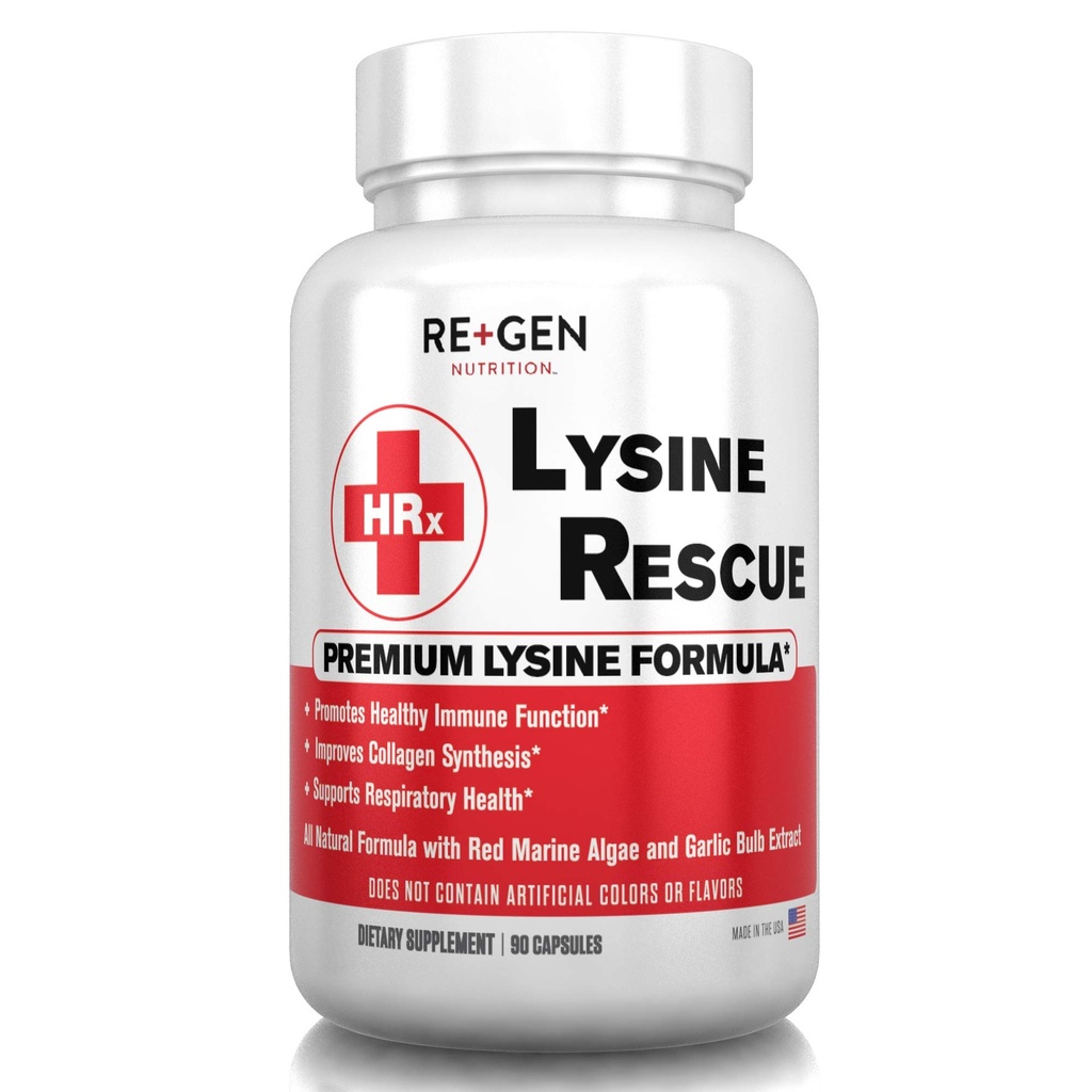 Re + Gen Nutrition Lysine Rescue, Amino Acid dodatek pro silnější imunitní zdraví a kolagen Syntéza v ženy a muže, Promotes Lips & Skin Health, Natural, Pure L- lysin, 90 Kapsle, 45 Day Supply