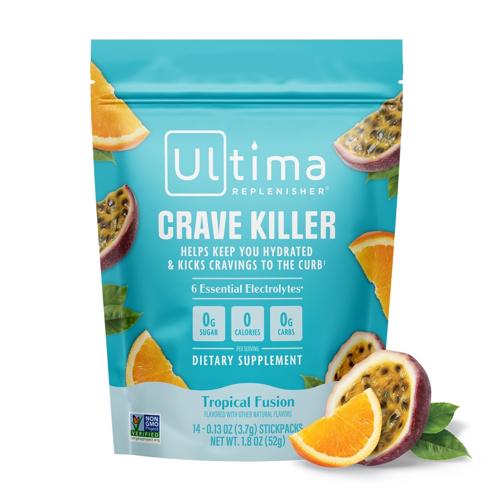 Ultima Replenisher Crave Killer Dodatek a Electrolytes Powder - Tropická fúze, 14 Stickpacks - Hydratační balíčky Ten kopanec do kudrlinky