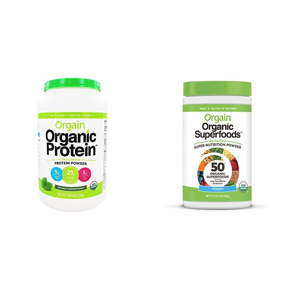 Orgain Organic Plant- Based Protein Powder + Superfoods Green Powder Bundle (1.59lb + 0.62lb)