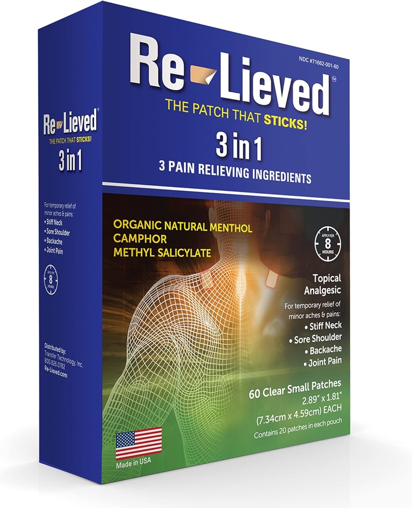 Relieved 3-in-1 Záplaty - Organic Natural Menthol, Camphor a Methylsalicylát - Superior Sticking Clear Pain Patch - Aluminum- Free, Water Resistant a USA Made - 60 Počet