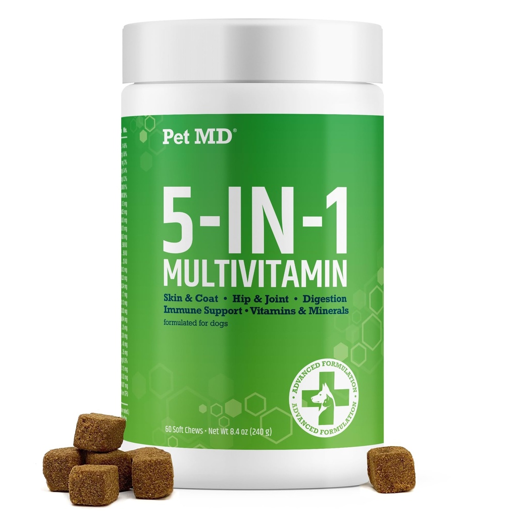 Pet MD 5in1 Pes Multivitamin - 30 esenciální vitaminy, minerály a živiny pro pleť & Coat, Hip & Joint, Digestion, Senior Dog & Puppy Vitamíny - Glucosamine, Omega 3 6 9, & Probiotika - 60ct
