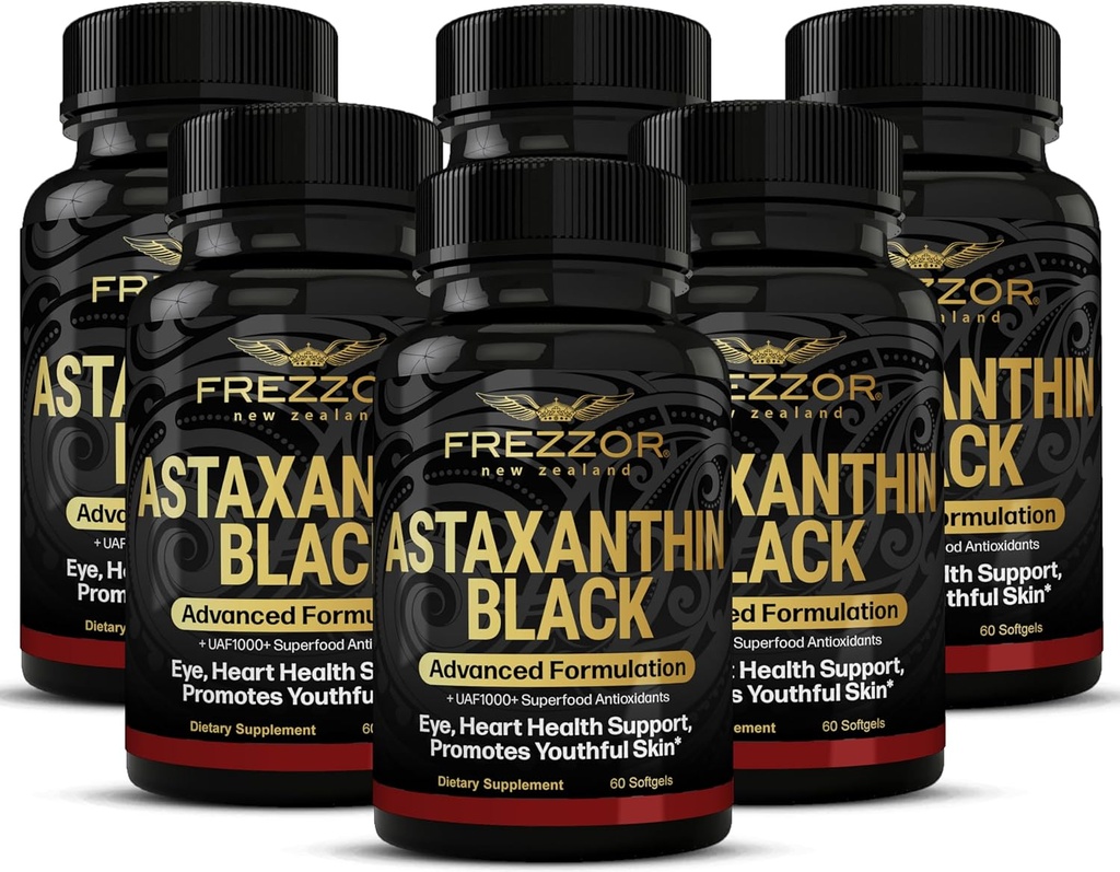 FREZZOR Astaxanthin Černá s UAF1000 + Super Antioxidant, Podporuje srdce, Oko & Brain zdraví, Anti- Stárnutí péče o pleť & Cellular Protection, 12 mg Astaxanthin per Serve, 360 Softgels, 6 Měsíční dodávka