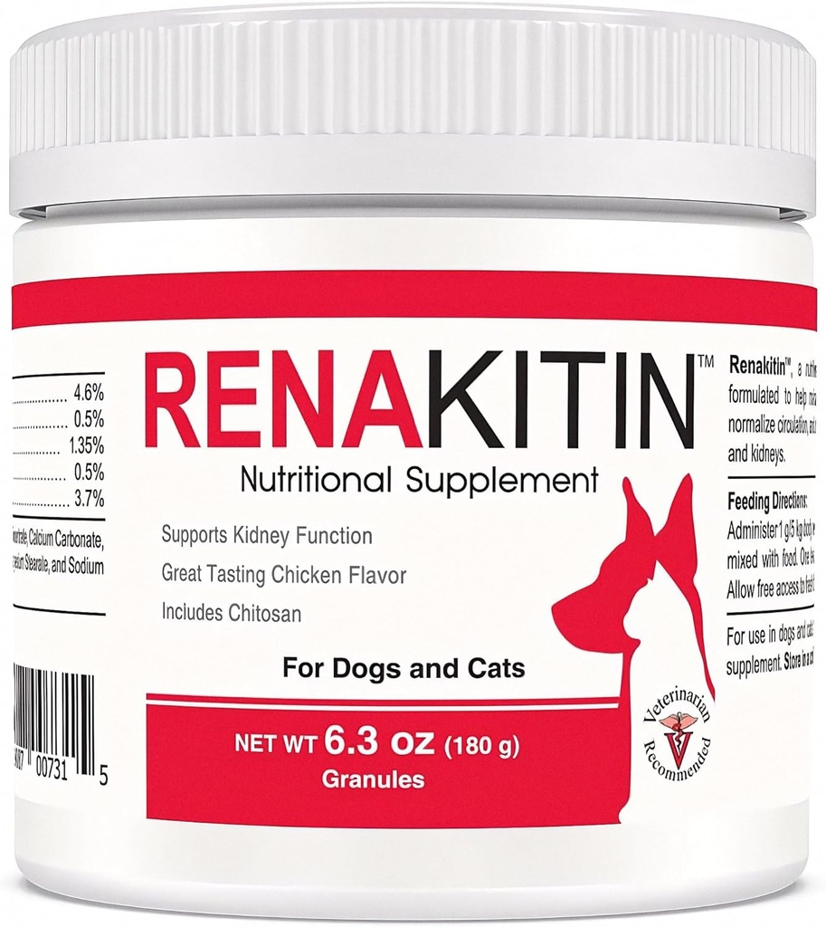 Renakitin Ledviny doplňky pro psy Kočky - Obsahuje Chitosan & vápník karbonát, Podpora optimální funkce ledvin, Velký Ochutnávání kuřecí Flavor, 6.3 oz