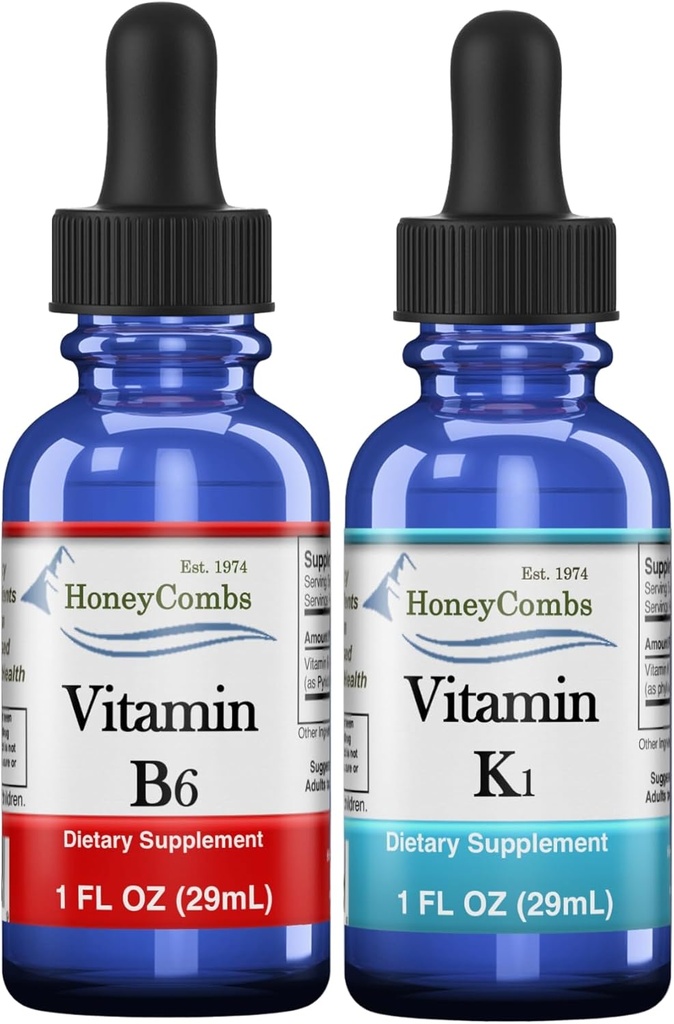 HoneyCombs Vitamin B6 & K1 Drops - Liquid Pyridoxin & Vitamin K Extrakty pro Vegan, Podporuje celkové zdraví, Non- GMO vitamin tekutý extrakt, 1 fl oz