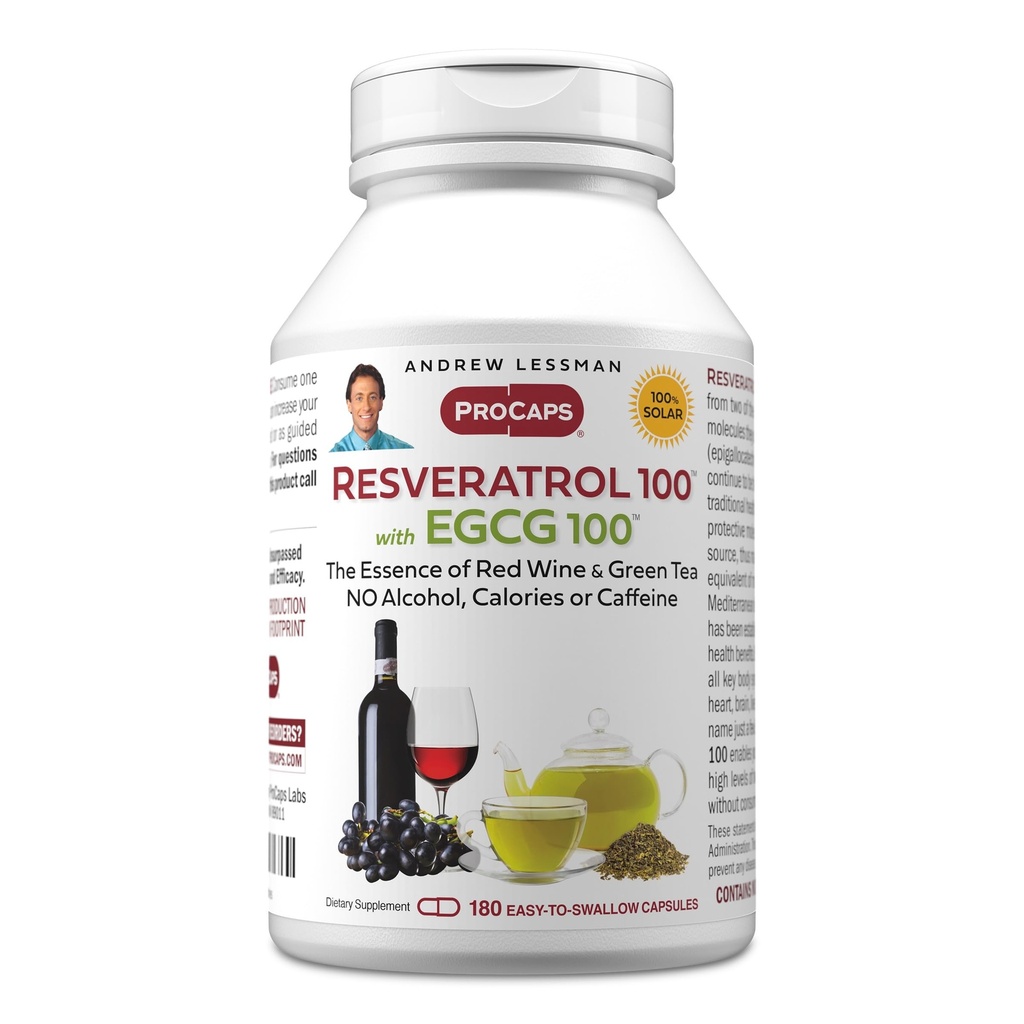 ANDREW LESSMAN Resveratrol- 100 EGCG 100 mg - 180 Kapsle - Dvě přirozeně vyvolávající antioxidanty, bez alkoholu nebo kofeinu.