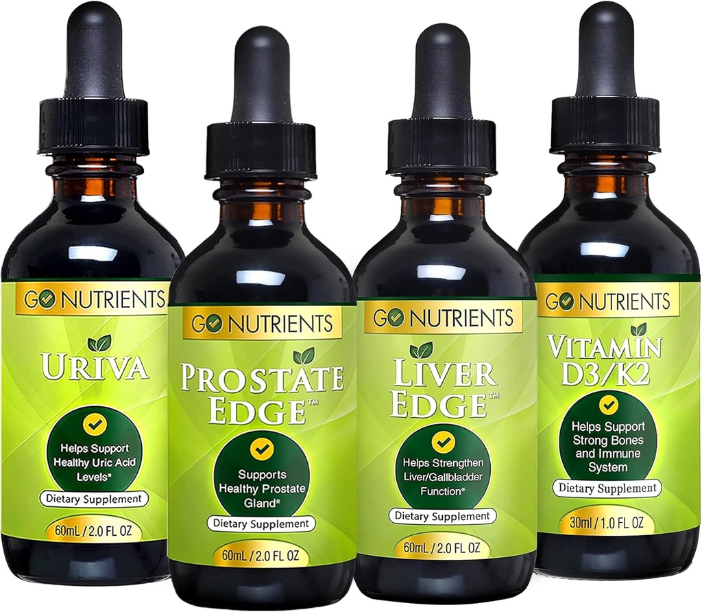 GO Nutrients Men 's Health Bundle - Vitamin D3 / K2, Játra Edge, Prostate Edge, Uriva - Komplexní podpora kostí, jater, prostaty a kyseliny močové zdraví - zvyšuje energii, vitalitu a ochranu těla