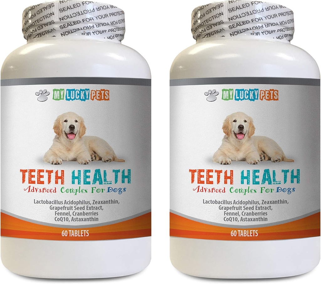 Dechové tablety pro psy - Pokročilé zuby Zdraví pro psy - Boj Špatný dech - Nejlepší vypadající žvýkačky a zuby - Vitamin c pro psy pilulky - 120 tablet (2 láhve)