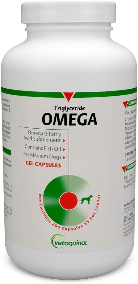 Vetoquinol Triglycerid Omega Dog Supplement Kapsle, Medium- Breed: 30-60 lbs, 250ct