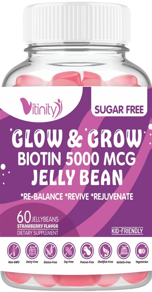 VITINITY Biotin 5000 Mcg Extra Strength Vegetarian (Vitamin B) Sugar-Free Sugar- Podporuje zdravější vlasy & kůže - ženy a muži 60 Veggie Sugar- Free Jelly Fazole (30 Day Supply)
