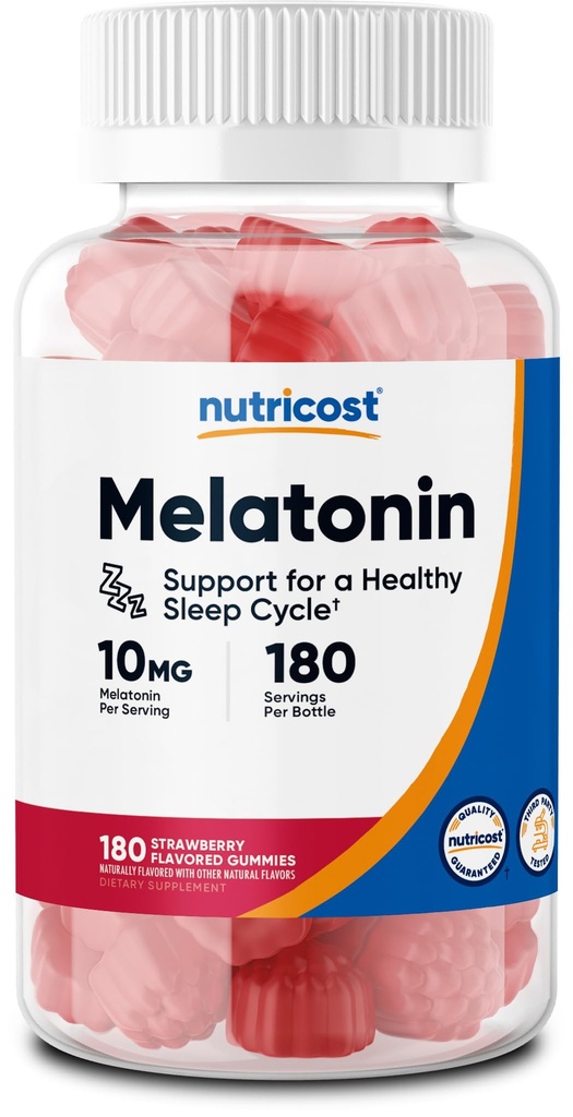 Nutricost Melatonin 10 mg, 180 gumových, jahodová ochucená - gluten Free, Non- GMO, No Corn Syrup