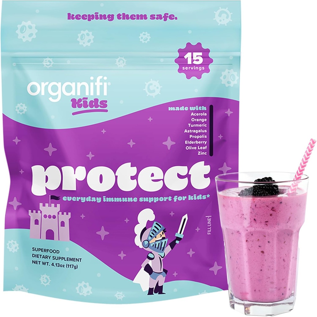 Organifi Děti: Ochrana - Každý den imunitní podpora pro děti s Elderberry, Acerola Cherry and Zinek - Berry Ochucené Imunity Powder - Plant- based, Vegan, a No Gluten, Dairy nebo Soy - 15 Služeb