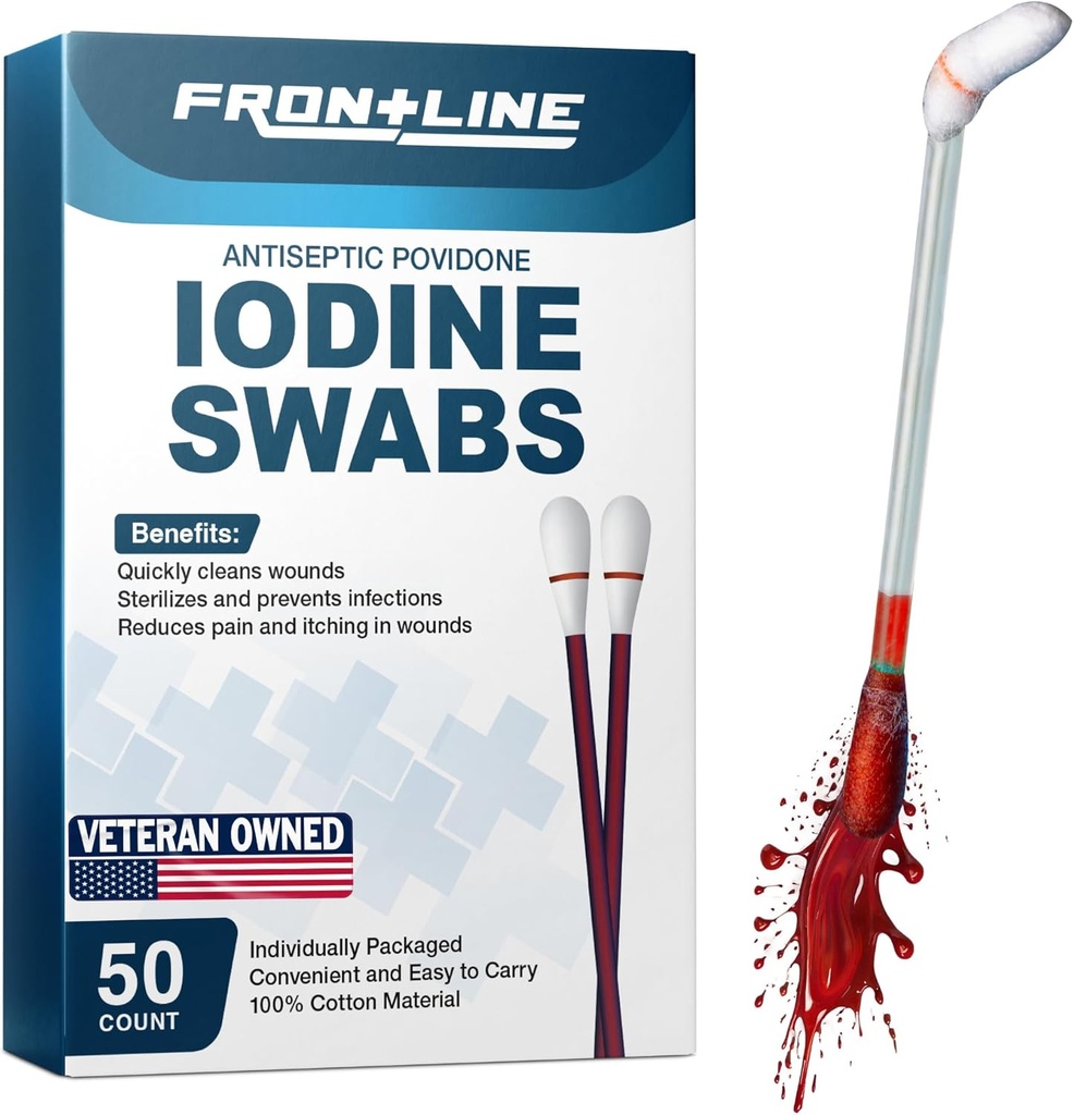 FrontLine Povidon Jodové labutě, Antiseptická labutěnka, Jodové roztoky, Čištění bavlněné swab, Individuálně zabalené lékařské zásoby, Wound Care, První pomoc, Vyčišťovač ran, Krabice 50