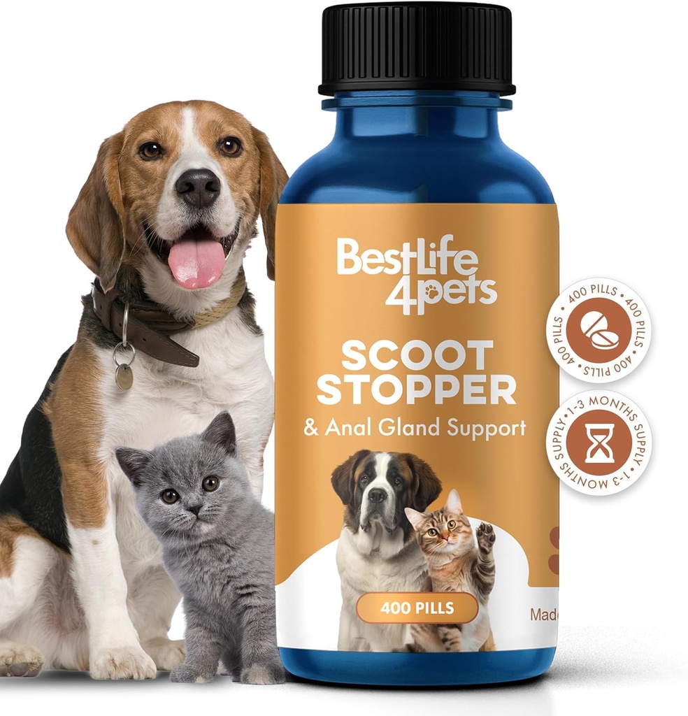 Scoot Stopper for Dogs & Cats - Přírodní Anální Gland & Digestive Supplement for Scooting, Stool Consistency, Zácpa, Vnitřní nehody & Obtížné kadění - 400 Odorless pilulky
