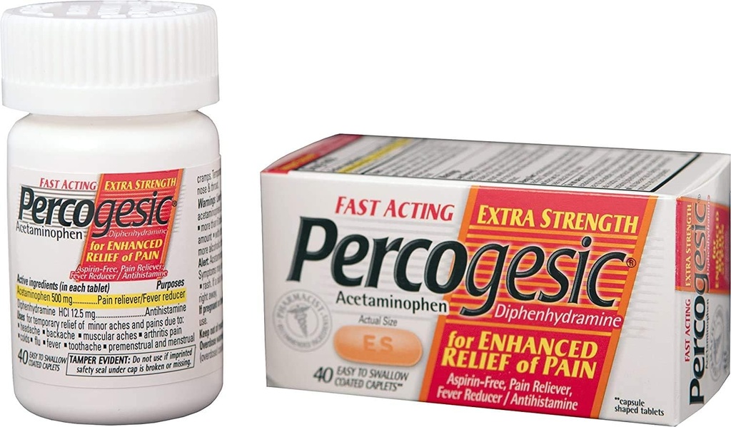 Percogesic Aspirin Relief Tablets, Extra Strength, Acetaminofen a Difenhydramin, 40 ct (Balení po 1)