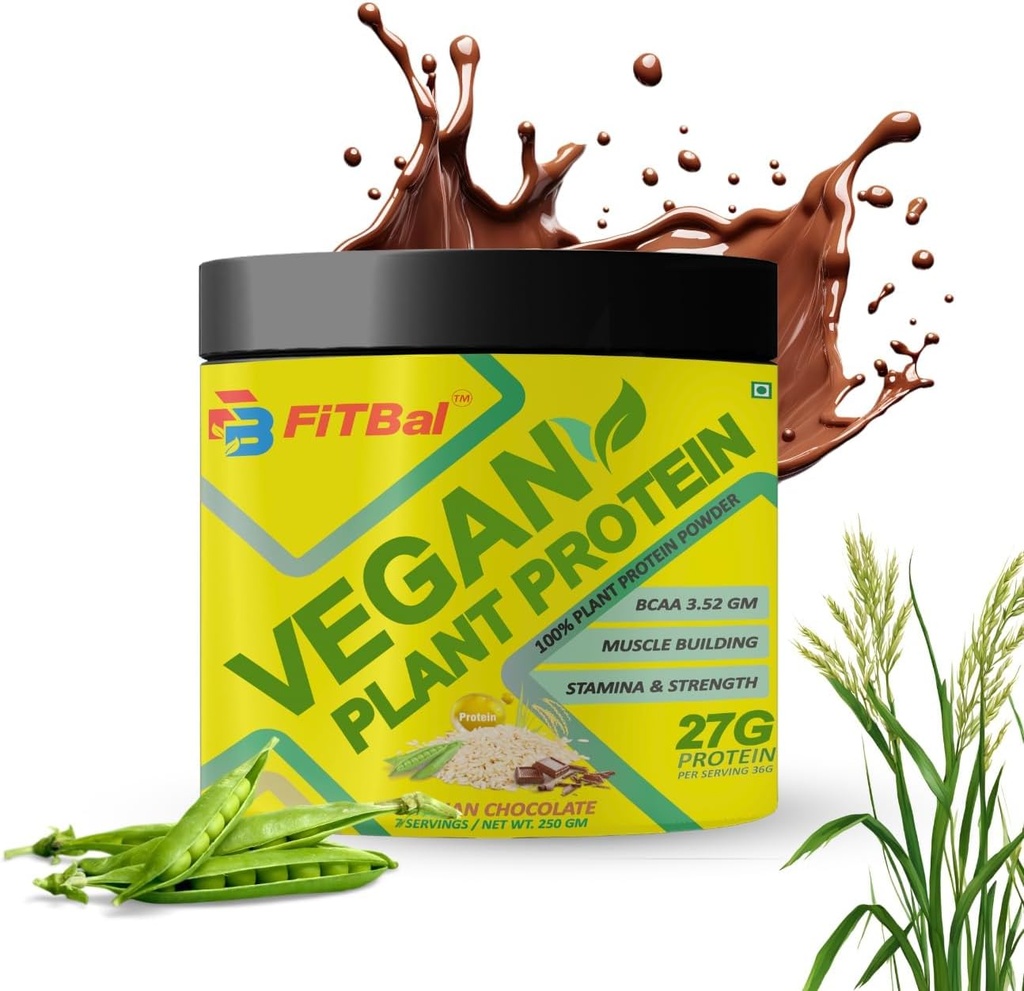 Vegan Plant Protein Powder Pea, Brown Rice Protein 250 gram (7 Serving) Serving Quantity- 36 G 27 G Protein Per Serving, Glutamine -4.35gm BCAA- 3.53GM