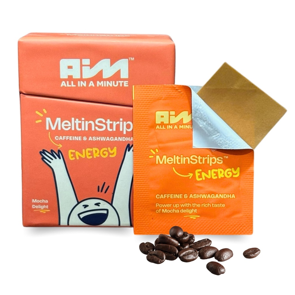 MeltinStrips ™ Energy Strips with 40mg Caffeine, 20mg Ashwagandha & Vitamin B12 Amend124; Instant Energy & Focus without Jitters or Crash Amend124; Works Faster Than Coffee Affee 124; Mocha Flavor - 30 Strips