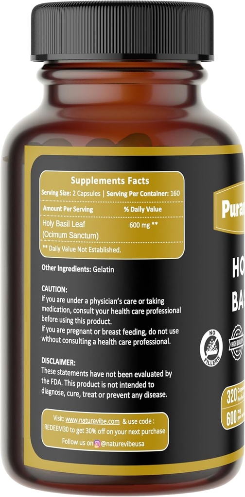 Holy Basil Premium 320 Kapsle Non GMO a gluten zdarma 124; Bylinný dodatek 124; 600 mg per Serving 124; Made with 100% Pure Herb Holy Basil Leaf