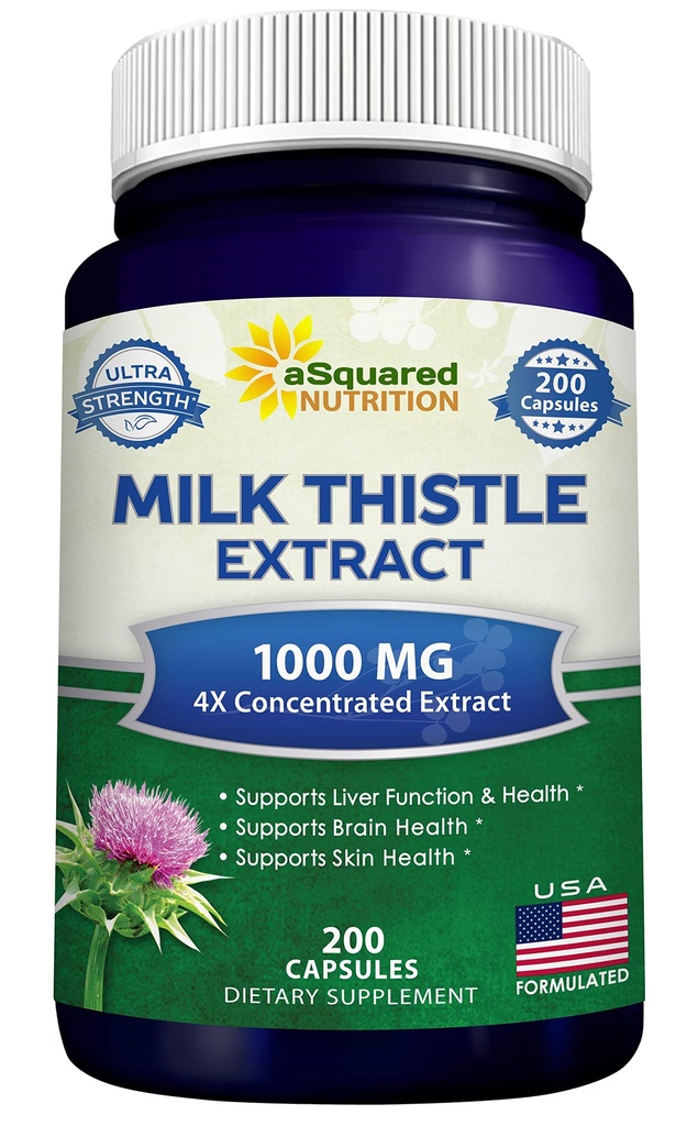 aSquared Nutrition Milk Thistle Dodatek 1000mg-200 Kapsle, Max síla 4X Koncentrovaný extrakt 4: 1 Mléko Thistle Seed Powder Herb Pills, 1000 mg Silymarin Extract pro podporu jater, Čistota, Detox