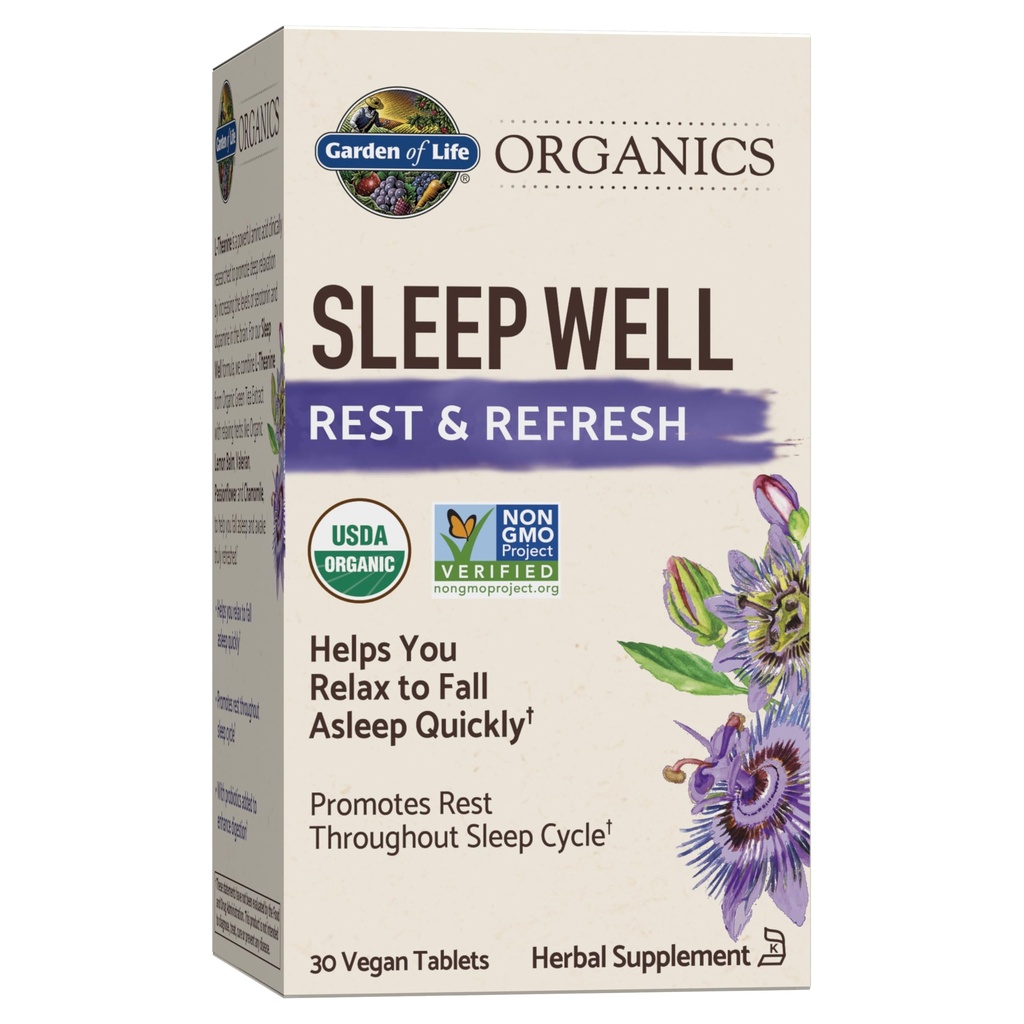 Zahrada života Organics Sleep Well Rest & Refresh 30 Tablet, Lemon Balm, Green Tea Extract L-Theanine, Valerian Root, Heřmánek, Probiotics-Organic Non-GMO Vegan gluten zdarma Bylinný dodatek