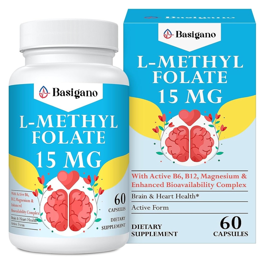 15 mg metylfolátu (5- MTHF) - Aktivní kyselina listová obohacená vitaminy B6 a B12- 60 Vegetariánských tobolek - Non- GMO, bez glutenů
