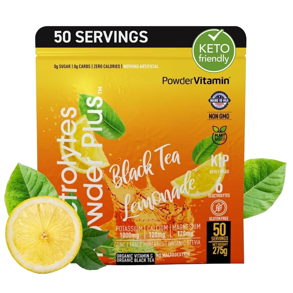 Electrolytes Powder Plus (50 Serving) Black Tea Lemonade Electrolyte Powder Zero Calorie Keto, 0 Cukr, No Maltodextrin, 1000mg draslík, 120mg vápník, 120mg hořčík, hydratační prášek