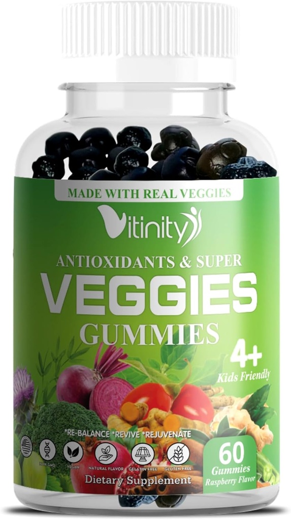 VITINITY Made with Real Super Veggies Delicious Gummy Dodatek, Muži, Ženy a děti (60 Chews), 30 Veggies, Byliny, Ovoce a zeleninové vitamíny, Non- GMO, Pectin- based, Gluten- Free, No More Pills (30 Day Supply)